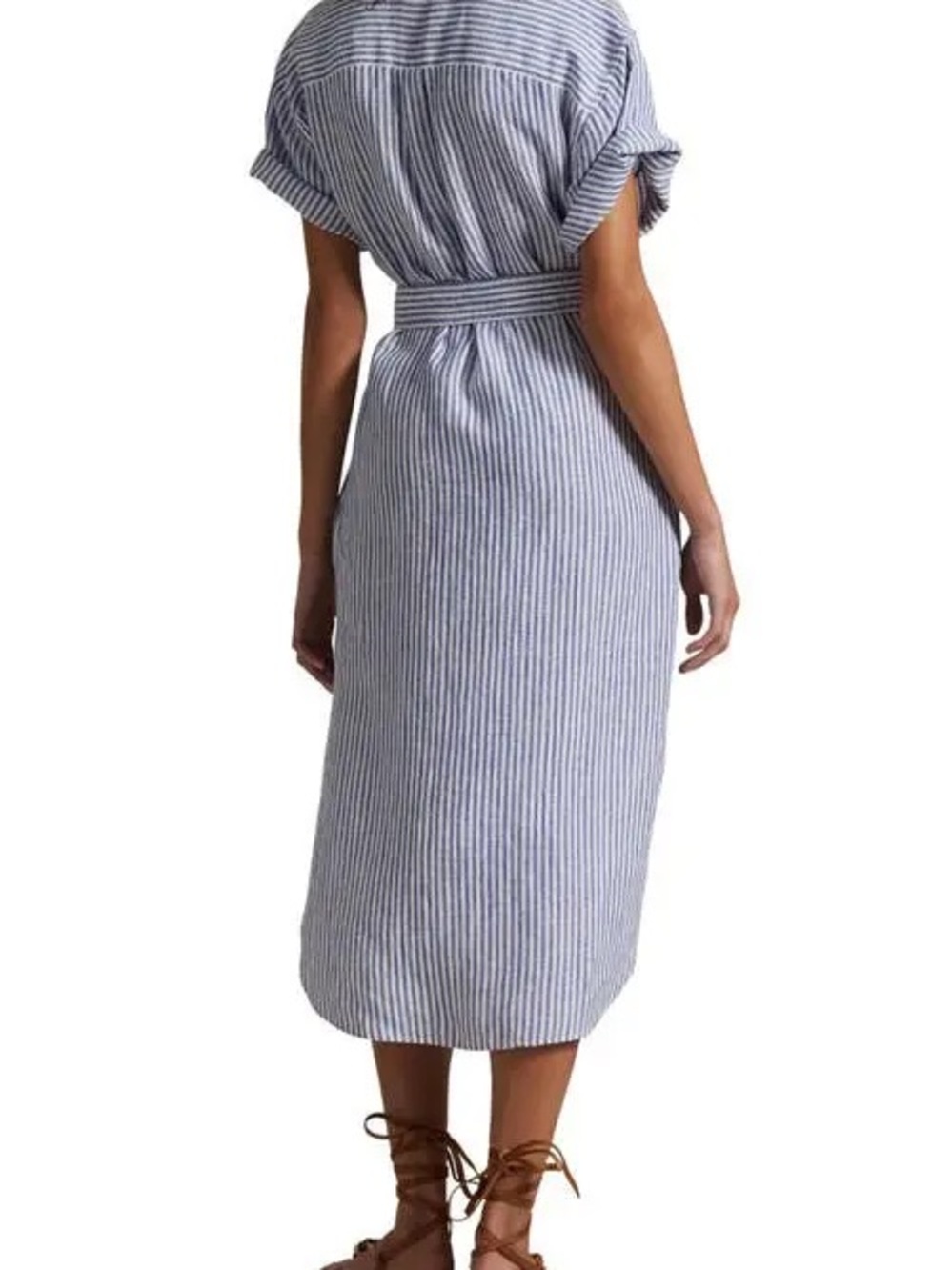 Ralph Lauren Blue and White Linen Striped Midi Shirt Dress with Self Tie - Picture 3 of 4